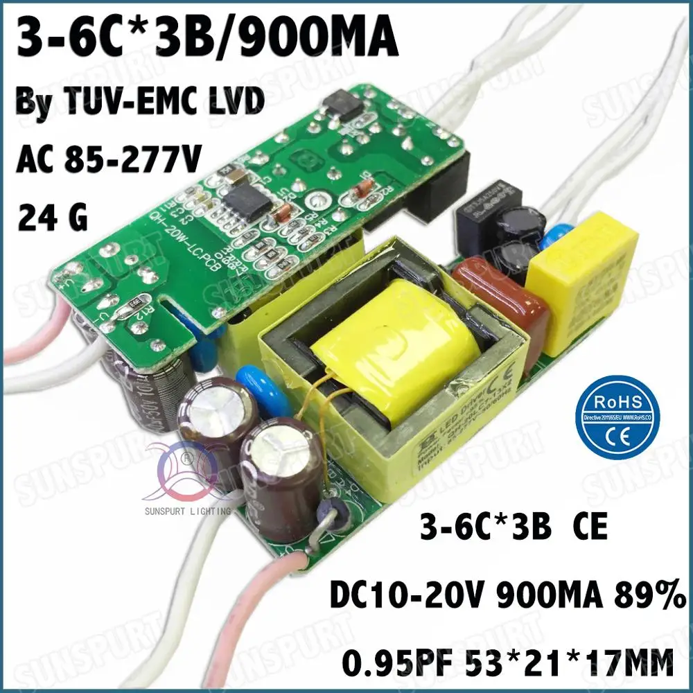 

5 Pcs By TUV-CE PF>0.9 20W AC85-277V LED Driver 3-6Cx3B 900mA DC10-20V Constant Current LED Power For Ceiling Lamp Free Shipping