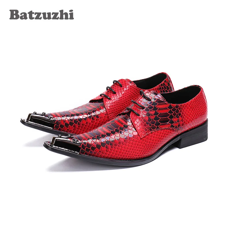 Batzuzhi Western Fashion Men Shoes Scales Pattern Leather Dress Shoes Men Red Wedding Men Shoes Zapatos Hombre Lace-up Metal Tip