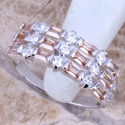 Enchanting Brown Morganite White CZ Silver Plated Women's Jewelry Ring Size 6 / 7 / 8 / 9 R0462