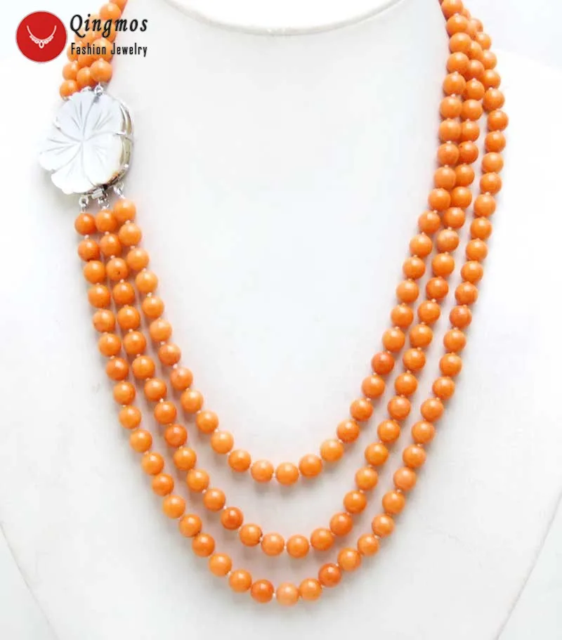 

Qingmos Natural Coral Necklace for Women with 7-8mm Round Orange Coral Necklace Jewelry 3 Strands Chokers Necklace 18-20" n6314