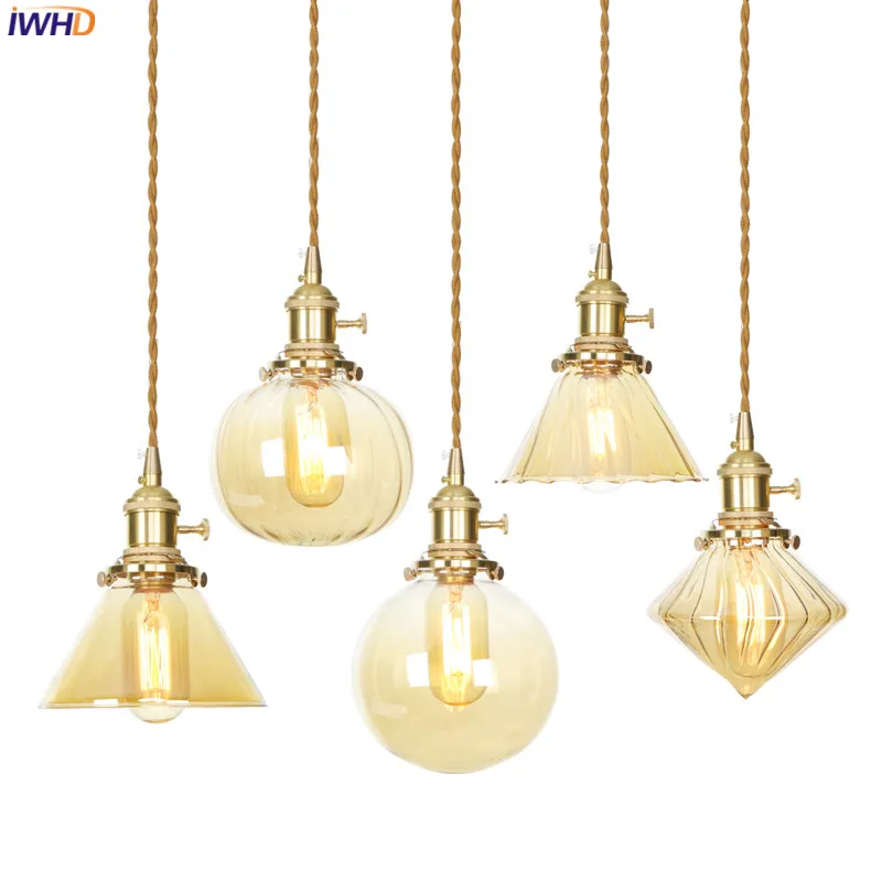 

IWHD Nordic Copper Pendant Light LED Glass Hanglamp Vintage Lights With Switch Modern Lamp Fixtures Home Luminaire Suspendu