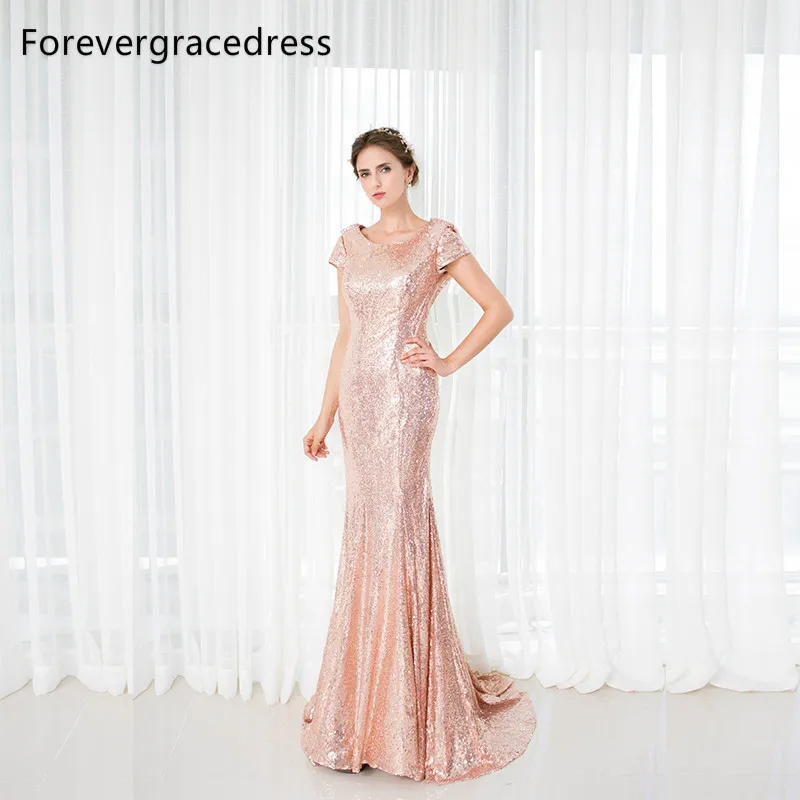 

Forevergracedress Rose Gold Sequins Bridesmaid Dress New Arrival Long Cowl Back Wedding Party Gown Plus Size Custom Made