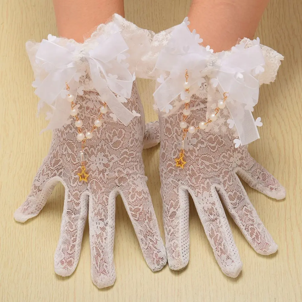 Women Lolita Lace Gloves White Cute Bead Chain Gloves for Bride Gifts