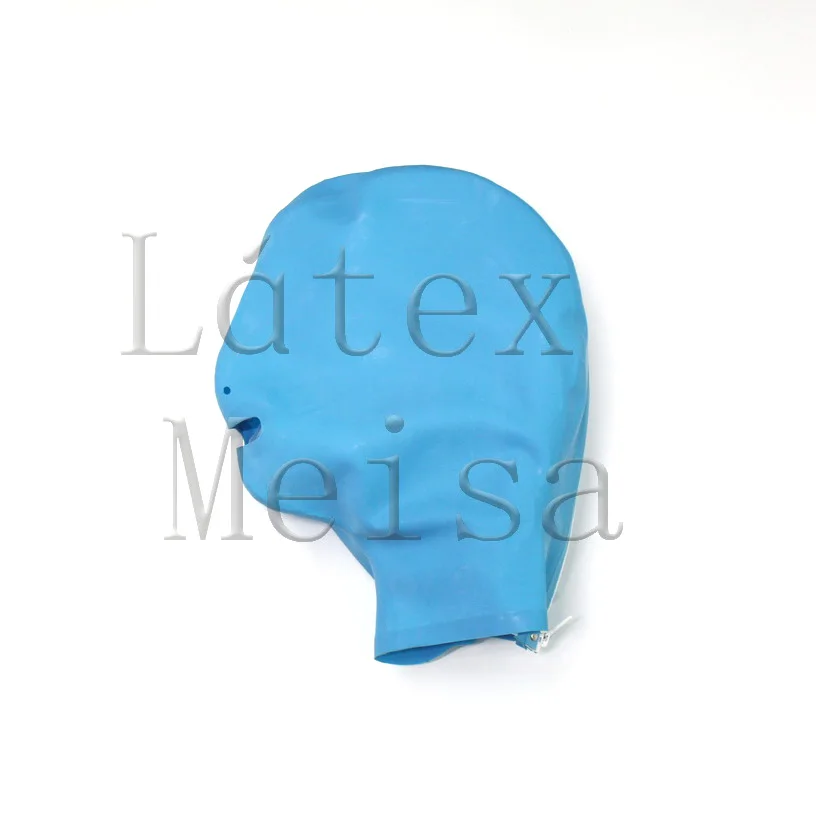 Sky blue latex hood open nostrils and mouth with back zip for adults