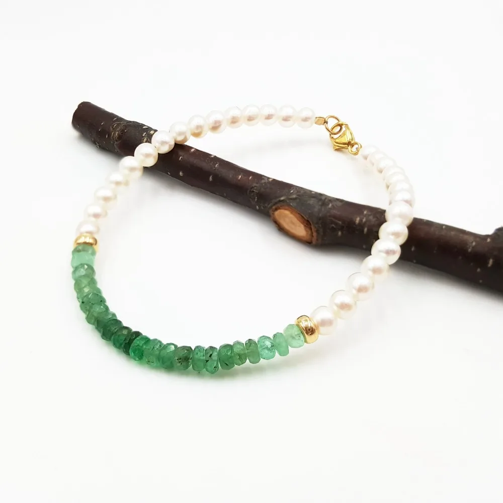 LiiJi Natural Emerald Freshwater Pearl Beads 925 Sterling Silver Gold Color/Goldfilled  Bracelet Nice Gift for Women