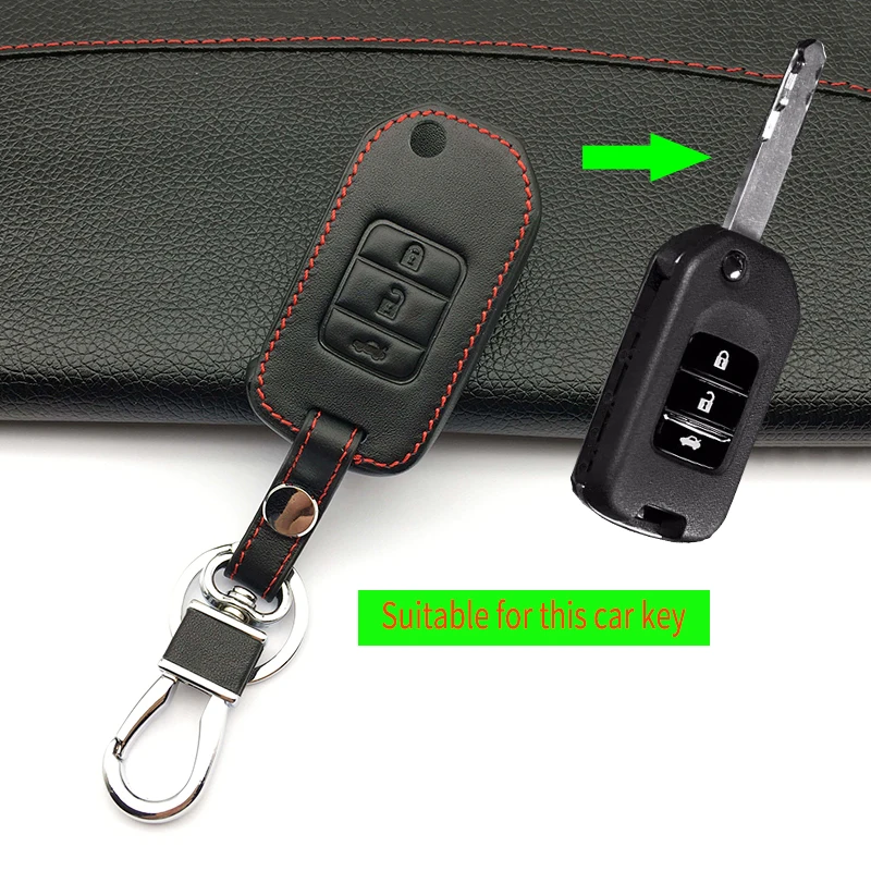 For honda fit accord 2017 hot sale 100% leather car key case cover key chain holder car collapse 3 buttons remote protect shell