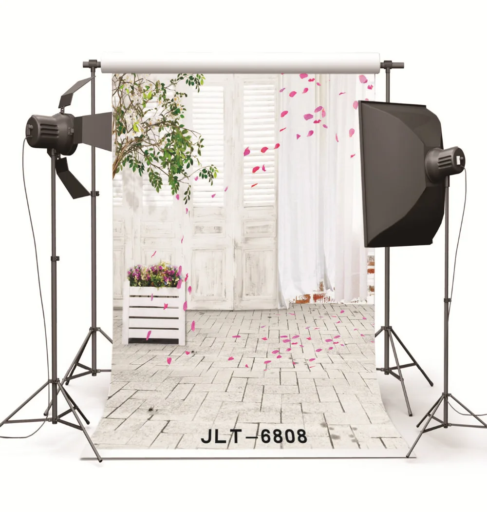 Fond Studio Photography Backdrop Prop White Wooden Door Pink Petal Vinyl Photo Backgrounds for Photo Studio for Wedding Children