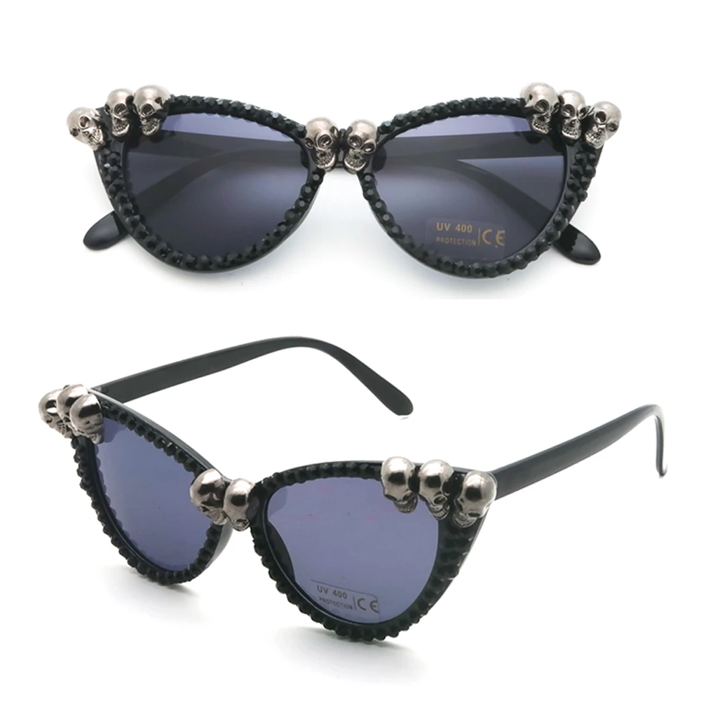 VIVIBEE-gafas de sol Vintage con calavera para mujer, anteojos de sol con diamantes de imitación negros, Ojo de Gato Retro, gafas de sol redondas