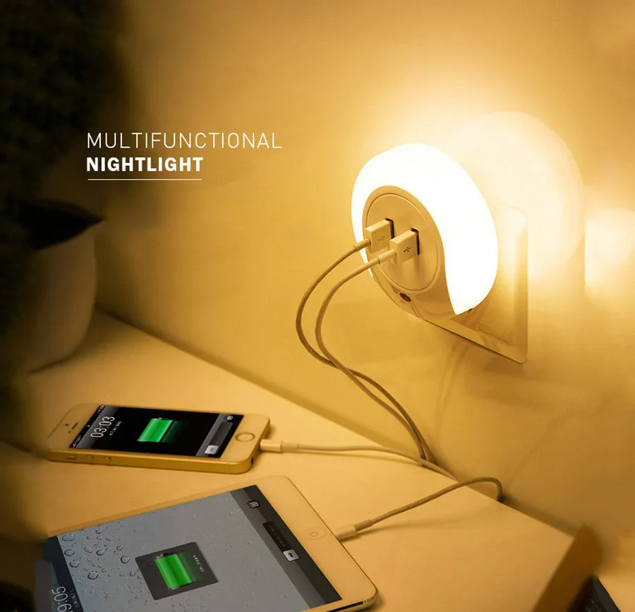 Plug In LED Night Light With 2 USB Port Charger For Mobile Phone Light Sensor Night Lamp For Bedroom Living Room Warm White