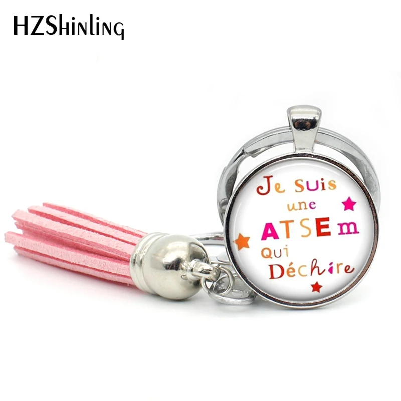 TAK--121 Merci Atsem Tassel Key Chain Bohemian Jewelry je suis une Atsem Qui Dechire Keyring Glass Cabochon Keychains