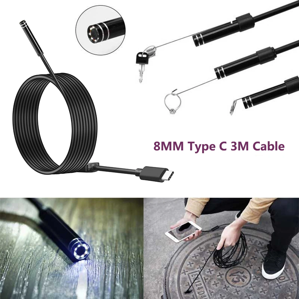 Type c Usb Endoscope Camera 8mm 720P 8led  Waterproof  Snake Endoscopic Inspection Hard Tube Camera PC Android for Huawei Phones