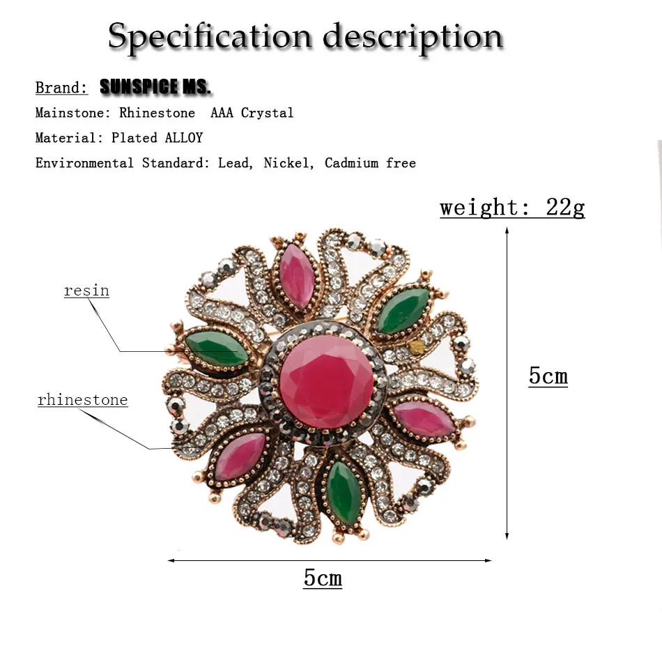 Sunspicems Bohemia Vintage Brooch Pin for Women Retro Gold Color Resin Crystal Ethnic Wedding Jewelry Lapel Scarf Broches