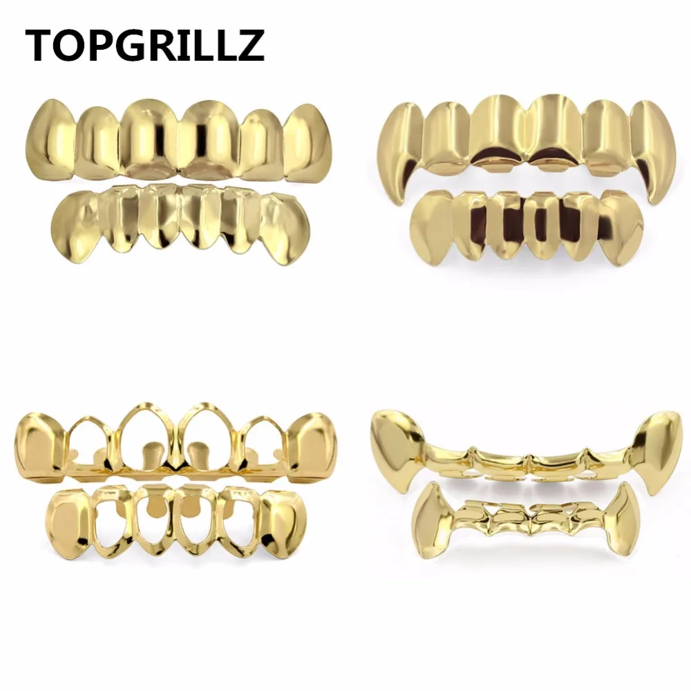 TOPGRILLZ Pure Gold Color Plated HIP HOP Teeth Grillz Top & Bottom Grill Set With silicone Teeth ship from US