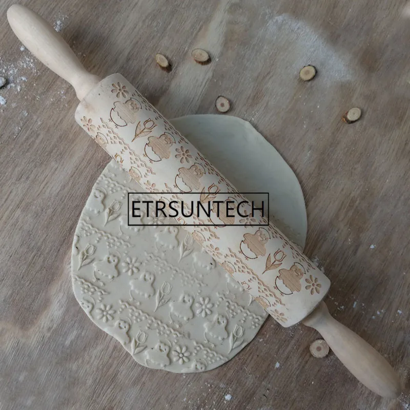 Easter Day Embossing Wood Rolling Pin for DIY Baking Cookies Noodle Biscuit Fondant Cake Engraved Stencil Rolling Pins