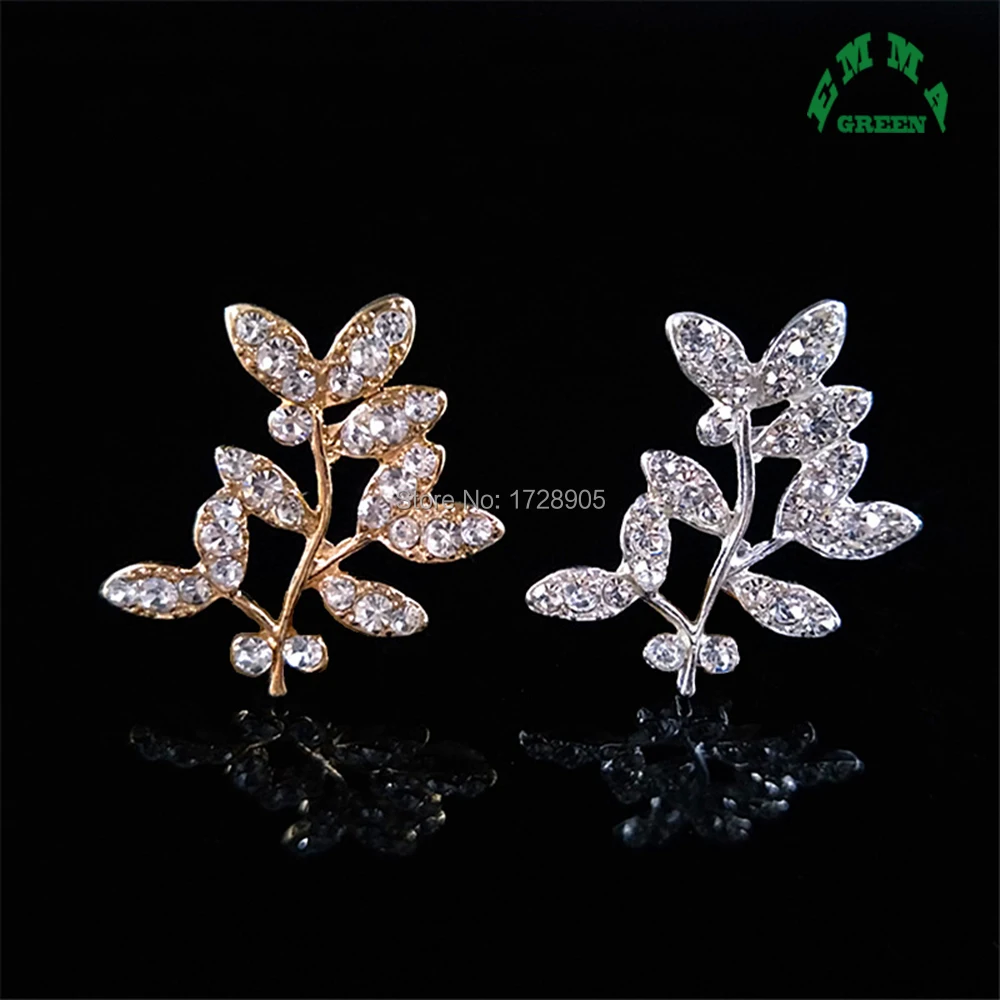 Rhinestone Embellishment Leave Ornament Diy Craft Supplies Silver Gold Hair Bow Center Decorative Brooches 32 mm 10 pcs