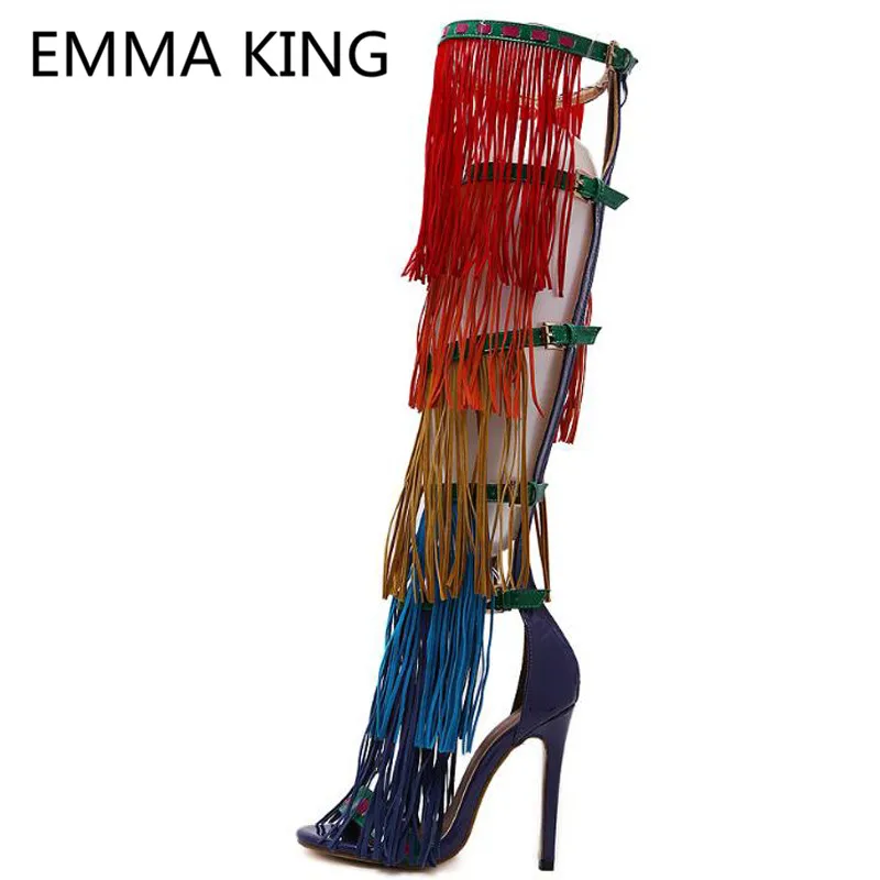 2019 Rainbow Fringe Summer Over The Knee Boots For Women Gladiator Sandals Open Toe Sexy Ladies Platform Shoes Woman High Heels