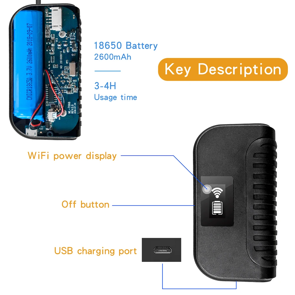 WiFi Borescope HD 2MP 1080P Endoscope Camera IP68 Waterproof 6 LED Light Built-in 18650 Battery Wireless Camera for IOS &Android