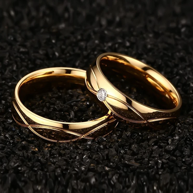 Gold Color CZ Stone Wedding Rings For Lover Stainless Steel Couple Rings Fashion Jewelry for Women and Men