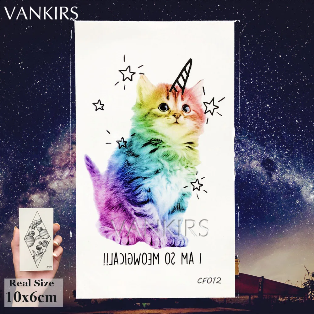 VANKIRS Watercolour Cats Temporary Tattoos Stickers Flash Women Arm Fake Tatoos Kid Stars Unicorn Cartoon Waterproof Tattoo Neck