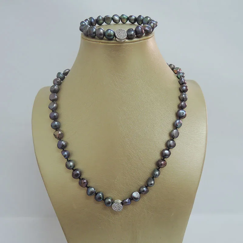 100% NATURE FRESHWATER PEARL JEWELRY SET  NECKLACE AND BRACELET-BAROQUE SHAPE IN BLACK COLOR PEARL WITH CRYSTAL ACCESSORIES