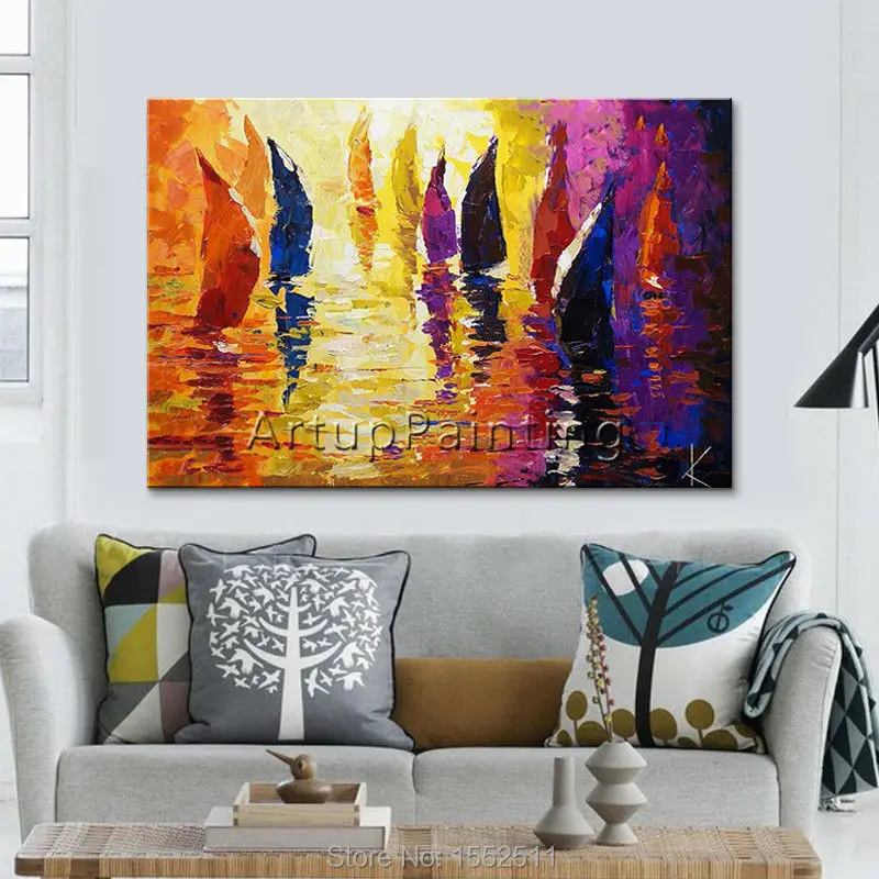 Hand painted abstract oil painting boat ship sailing canvas oil paintings Wall art Pictures for living room modern wallpaper 4