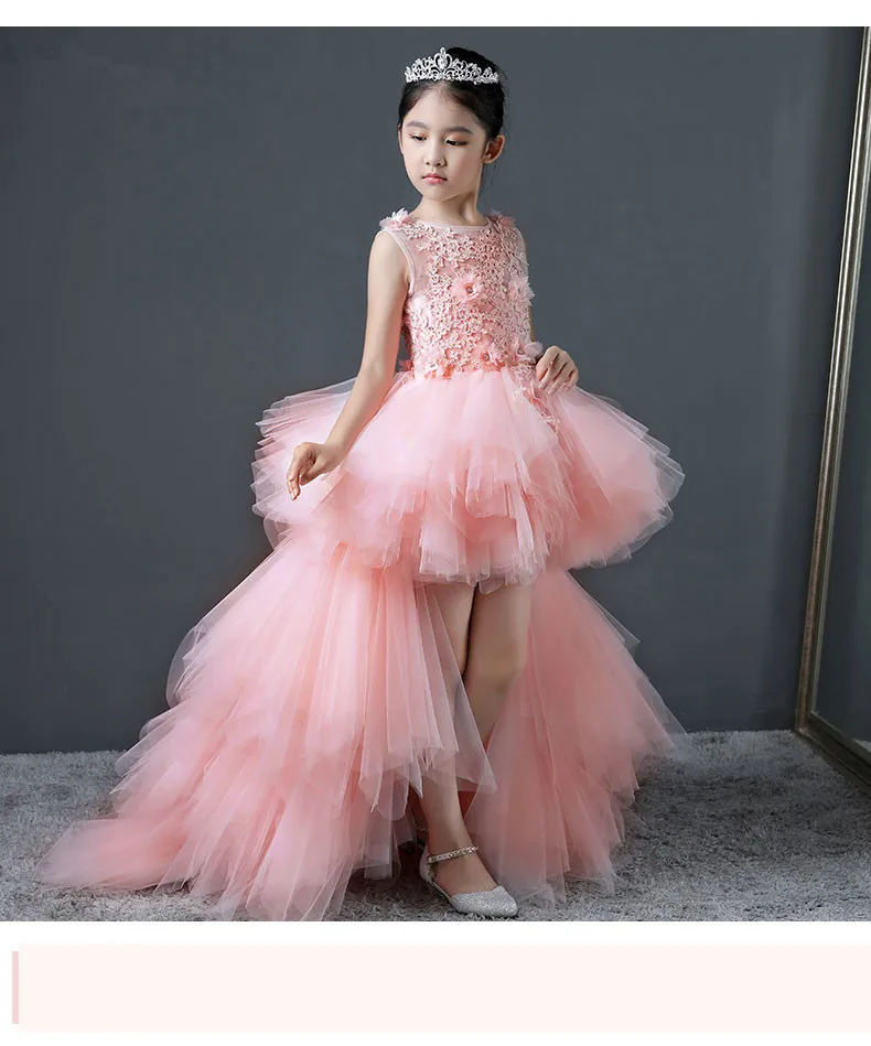 Glizt Long Trailing Flower Girls Dresses for Wedding Pink Puffy Kids Pageant Dress First Holy Communion Gown Party Prom Dress