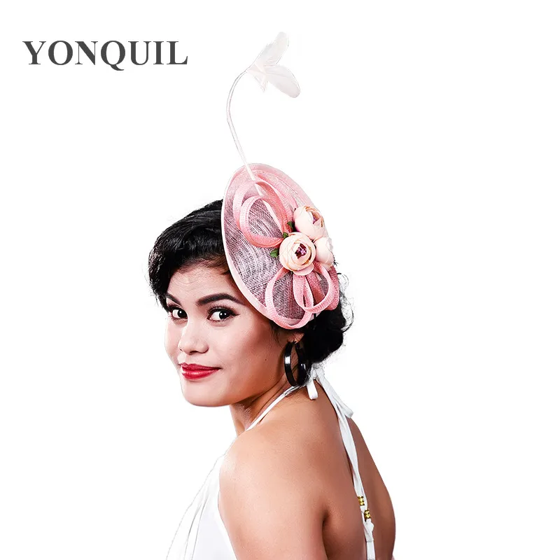 Elegant Bride Pink Wedding Fascinator Hat Linen For Ladies Floral Women Millinery Royal Race Party Headband Hair Accessories