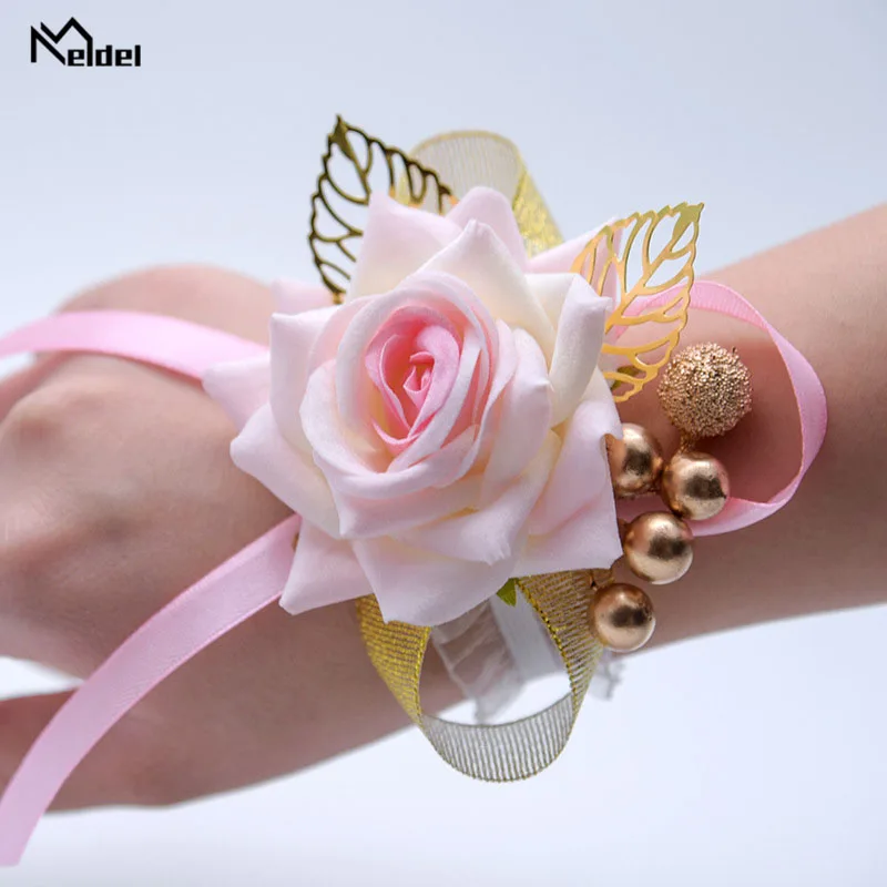 Meldel-ramillete de muñeca para novia, pulsera elástica de encaje para dama de honor, ramillete de flores para fiesta de graduación, suministros de boda