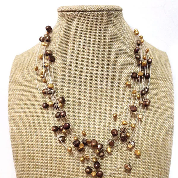 18-24 inches Coffee Illusion 4-8mm Nugget Freshwater Pearl Multi-layered Necklace