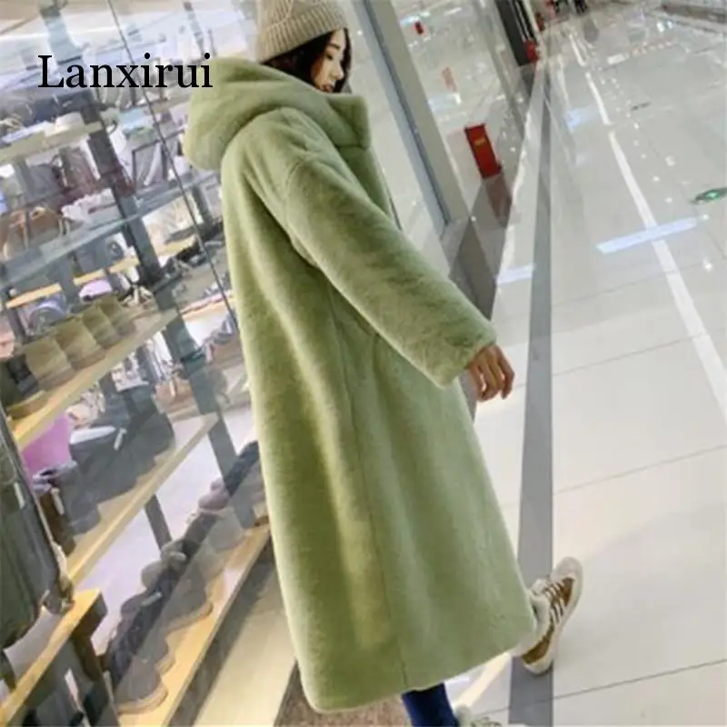 Autumn Winter Mink Women Fur Coat Clothes  Korean Faux Fur Streetwear Hooded Loose Thick Warm Long Coat Female