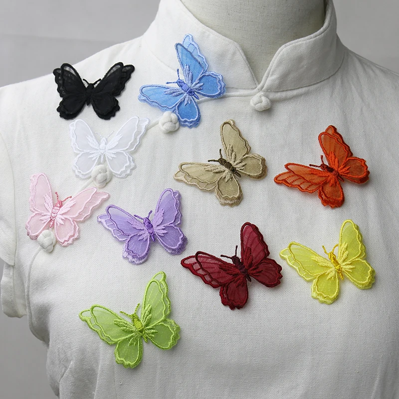 1PCS Double Layers Organdy Butterfly Patch Embroidered Cloth Stickers Bride Veil Accessories Iron On Patch for Clothing