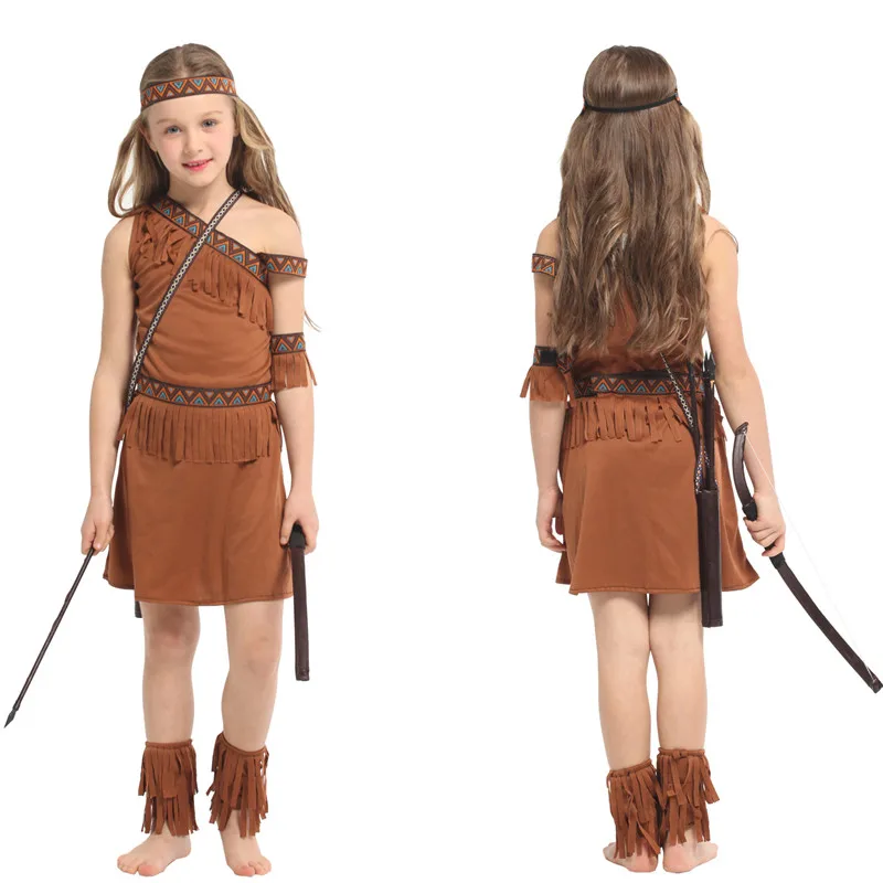 M-XL Girls Primitive Indian Traditional Cosplay Kids Halloween Hunter Costume for Children Carnival Purim Masquerade Party Dress