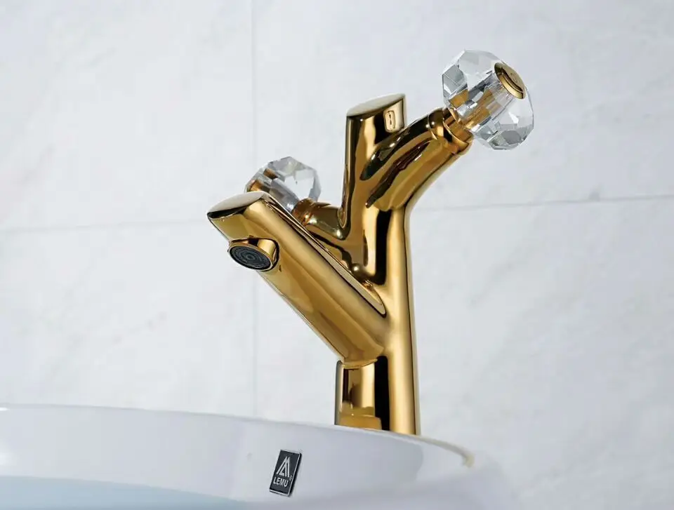 GOLD PVD clour solid brass double crystal handles bathroom basin sink faucet mixer tap single hole deck mounted