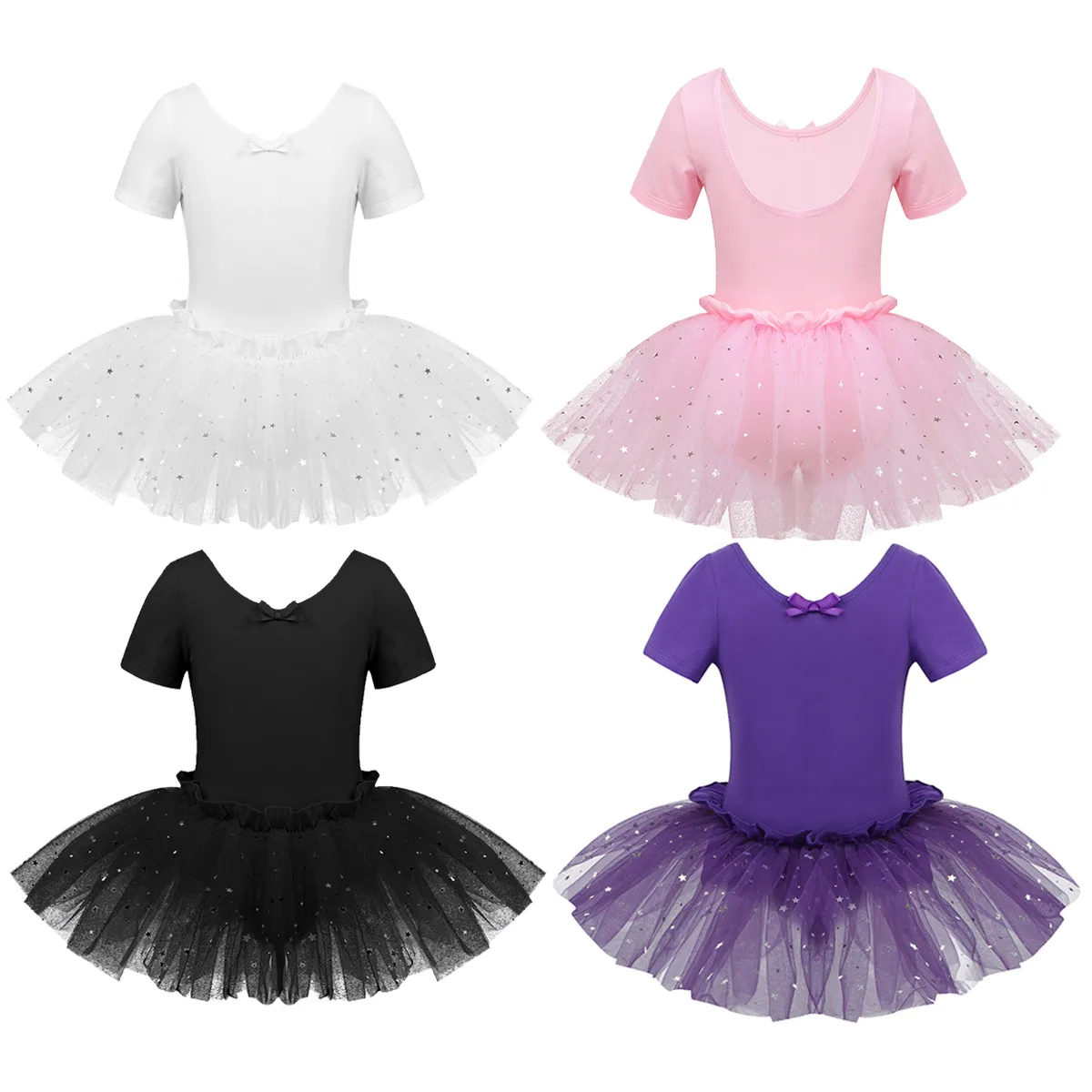 Cute Girls U-shaped Back Shiny Stars Sequins Mesh Ballet Dance Gymnastics Leotard Tulle Tutu Dress for Kids Dancer Perfprmance image 2