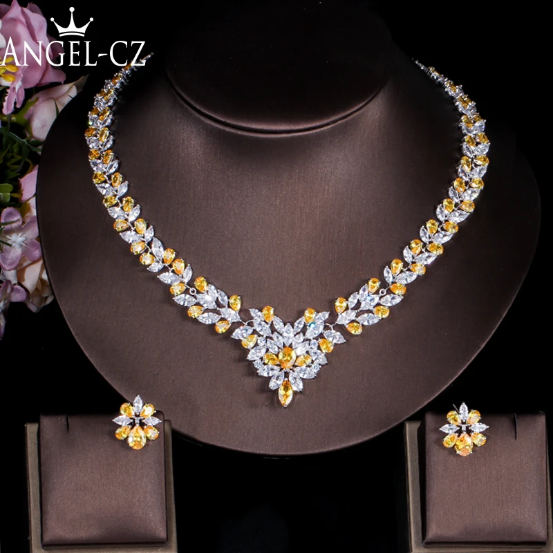 ANGELCZ Gorgeous Wedding Party Costume Jewelry Shining Leaf Cubic Zirconia Stud Earrings Necklace Sets With Yellow Crystal AJ063