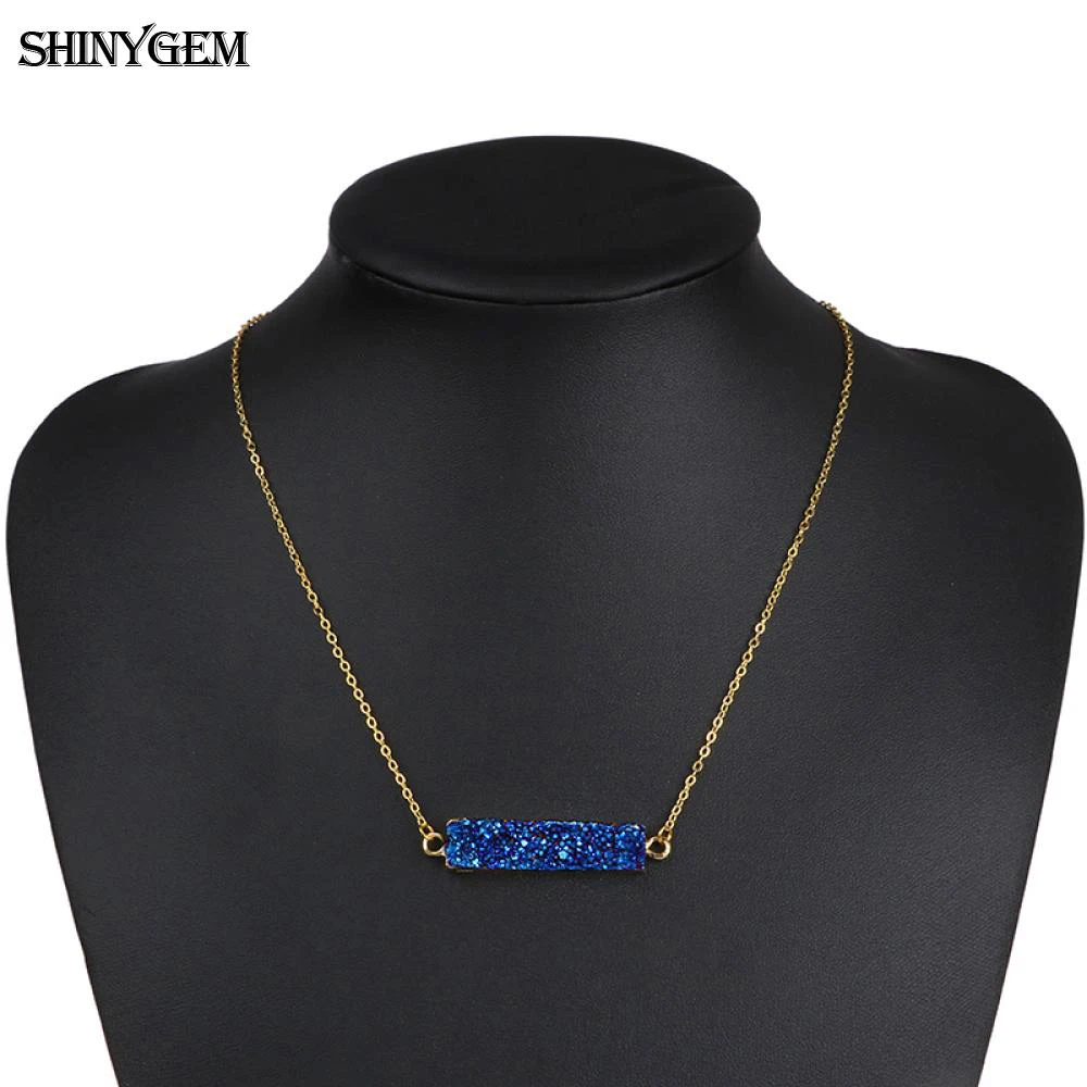 ShinyGem 10*40 مللي متر Druzy حجر اليدوية المعدنية كريستال مستطيلة قلادة الذهب سلسلة الأحجار الكريمة الطبيعية مجوهرات للنساء #3