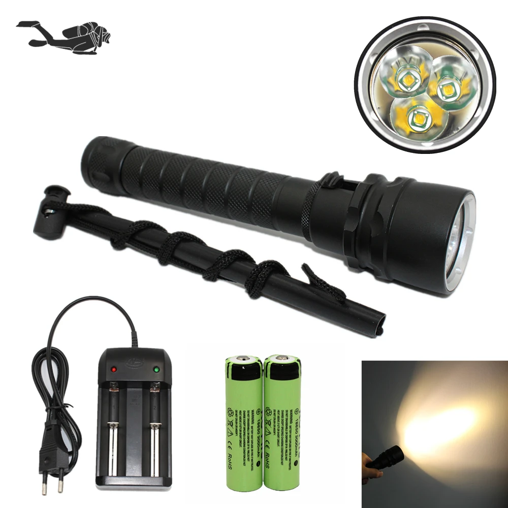 Yellow Light Diving Flashlight T6  LED Underwater Scuba Torch Waterproof Rechargeable Flashlight + 18650 Battery + Charger