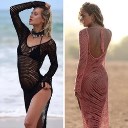 New Hot Sale Women Sexy Bikini Beach Cover-up Swimsuit Covers up Bathing Suit Summer Beachwear Crochet Swimwear Mesh Beach Dress