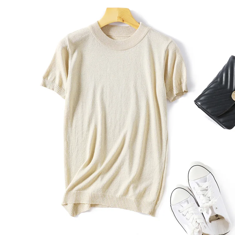 Camiseta brilhante de verão, camiseta feminina slim básica casual, gola redonda, camiseta feminina lisa, manga curta, lantejoulas, d300