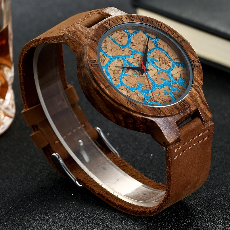 Fashion Wooden Watches Blue Sea Creative Cracked Face Design Quartz Wrist Watch Men Women bayan kol saati  Relogio Masculino