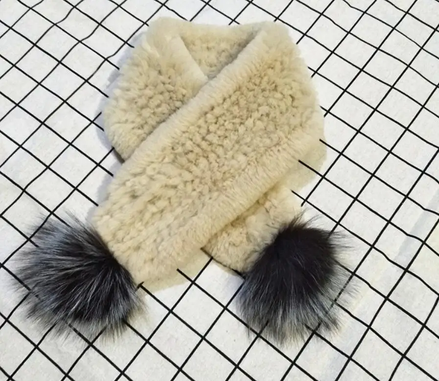 Real rex rabbit fur scarf women winter fur neck warmer  new design knitted fur scarves with big fur pompom 7 colors F58