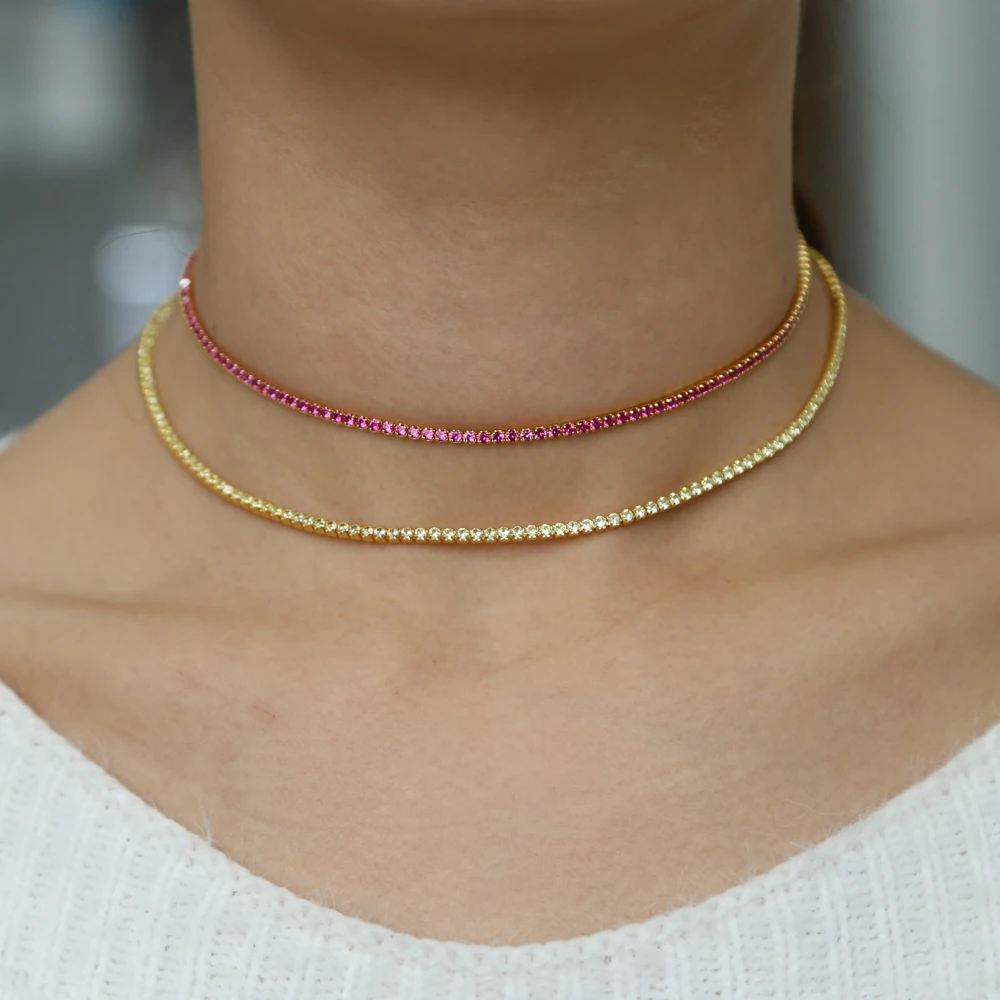 2025 Summer New Fashion Rainbow CZ Choker With 2mm Colorful CZ Tennis Chain Minimal Delicate Tiny Link Women Colorful Jewelry