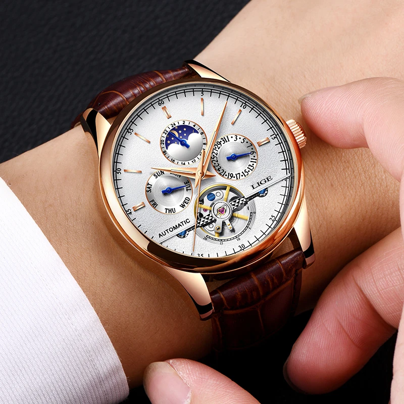 LIGE Luxury Brand Men Watches Automatic Mechanical Watch Tourbillon Sport Watches Automatic Date Clock Waterproof Wristwatch+ox