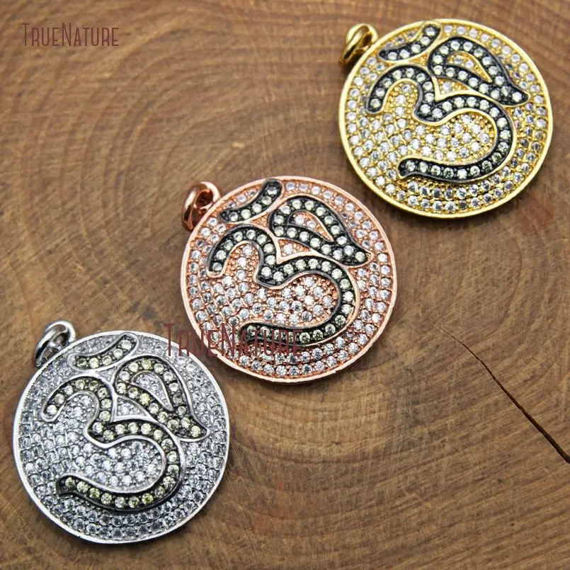 New Arrival Yoga Meditation Round Copper Pendant Om Jewelry Micro Pave  Clear  Czech Zircon Disk Pendant 21.5 mm PM9175