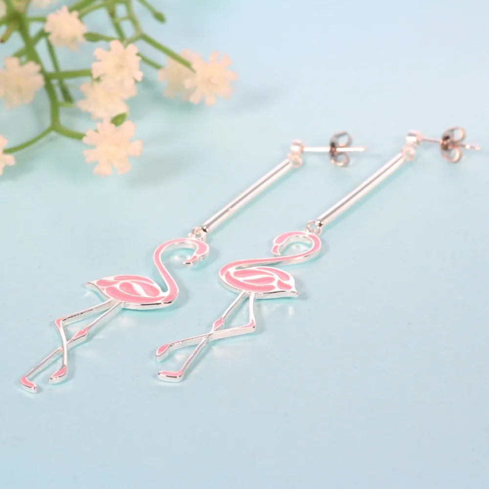 Zilveren Kleur Flamingo Roze Enamel Lange Hanger Drop Oorbellen Voor Vrouwen Mode Bruiloft Dangle Earring Partij Sieraden