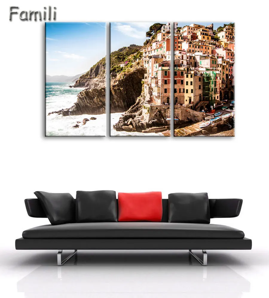 

3 Pieces Modern Canvas Painting Wall Art Traditional Port Mediterranean Sea Cinque Terre Italy Coast Landscape Print On Canvas