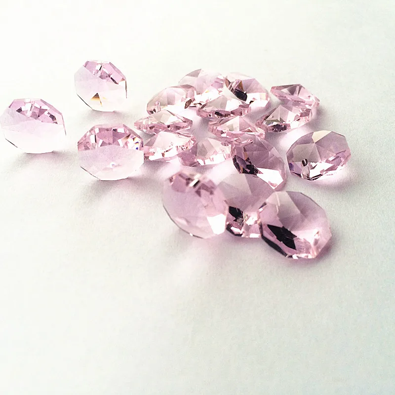 Top Quality 2000pcs 14mm Pink Glass Crystal Fashion Octagon Beads Stones In 1 Hole For Chandelier Crystal Beads, Curtain Parts