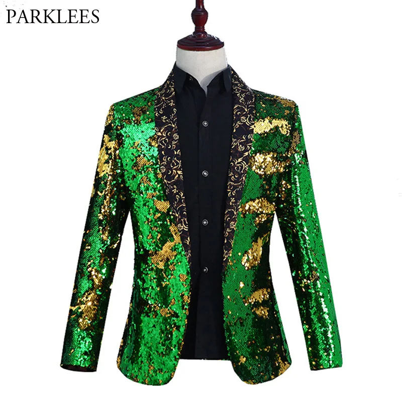 

Mens Shiny Green Sequin Gitter Blazer Jacket Men Nightclub Prom Shawl Collar Suit Blazer Men Wedding Stage Costumes For Singers