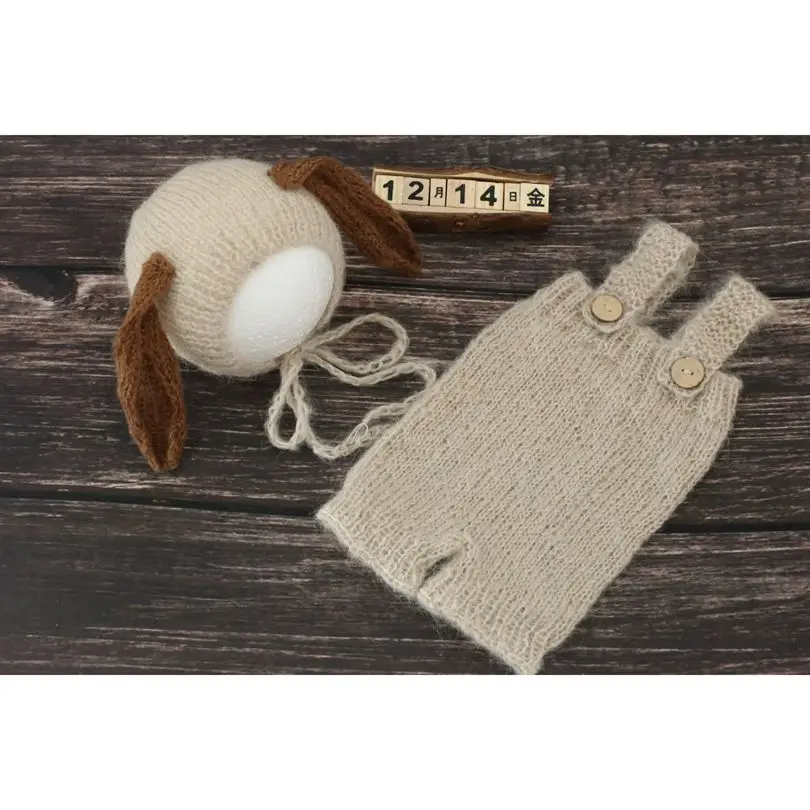 Handmade Newborn Bunny Bonnet and Romper Set Vintage Baby Girl Hat and Pant Knit Clothing Overalls Photography Props