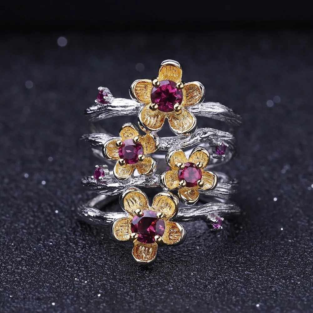 GEM'S BALLET 925 Sterling Silver Handmade Ring 0.96Ct Natural Rhodolite Garnet Peach Blossom Flower Rings for Women Fine Jewelry